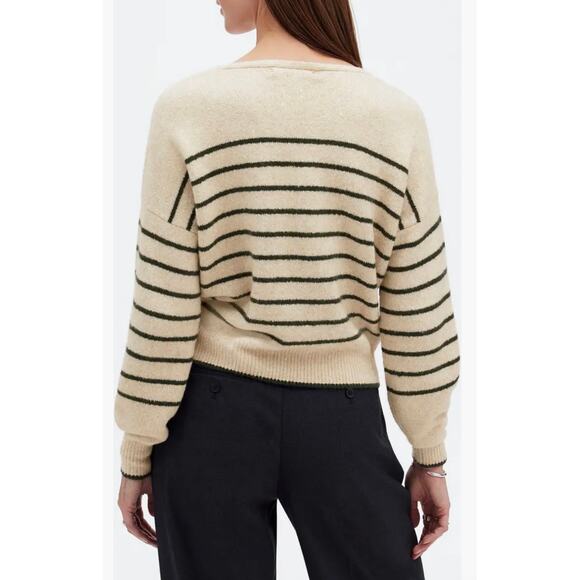 Madewell Merino Wool Oatmeal & Dark Green Striped V Neck Sweater Women’s Small - Picture 2 of 12